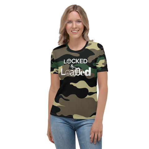 0123B - OTF Wht-Logo LOCKED & LOADED Camouflage Women's Short Sleeve T-shirt